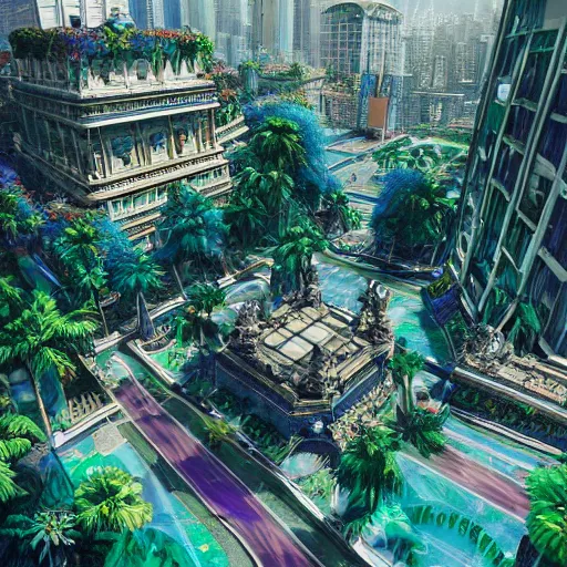 Image similar to vaporwave jungle city, digital art, cosmic, 3 d high definition, trending on art station, photorealistic, high resolution, v 8 k, octane, hyper detailed, insane details, intricate, elite, ornate, elegant trend, highly detailed and intricate, sharp focus, photography, unreal engine