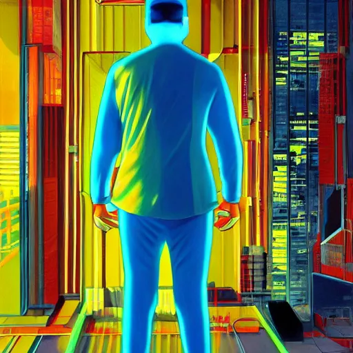 Image similar to painted by Robin Eley, a man in a neon suit stands in an empty room, his right arm and leg are cybernetic prosthetics. Outside the large floor to ceiling windows is a vast cyberpunk cityscape