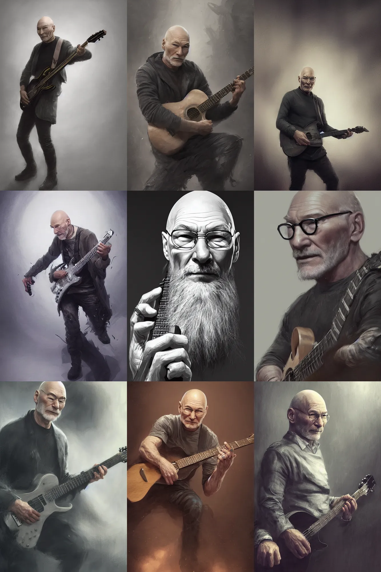 Prompt: patrick stewart with a long grey beard playing the guitar, black clothing, 3 d render, hyper - realistic detailed portrait, ruan jia, wlop. scifi, fantasy, magic the gathering, hyper detailed, octane render, concept art, peter mohrbacher