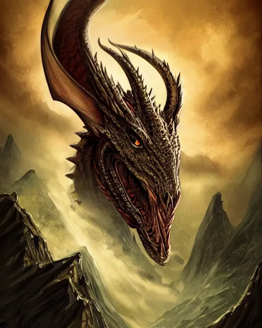 Image similar to ''face portrait of dragon, rule of thirds, fantasy, mountain landscape, d & d, digital painting, artstation, deviantart, concept art, illustration, art by dragolisco and anne stokes and nico niemi''