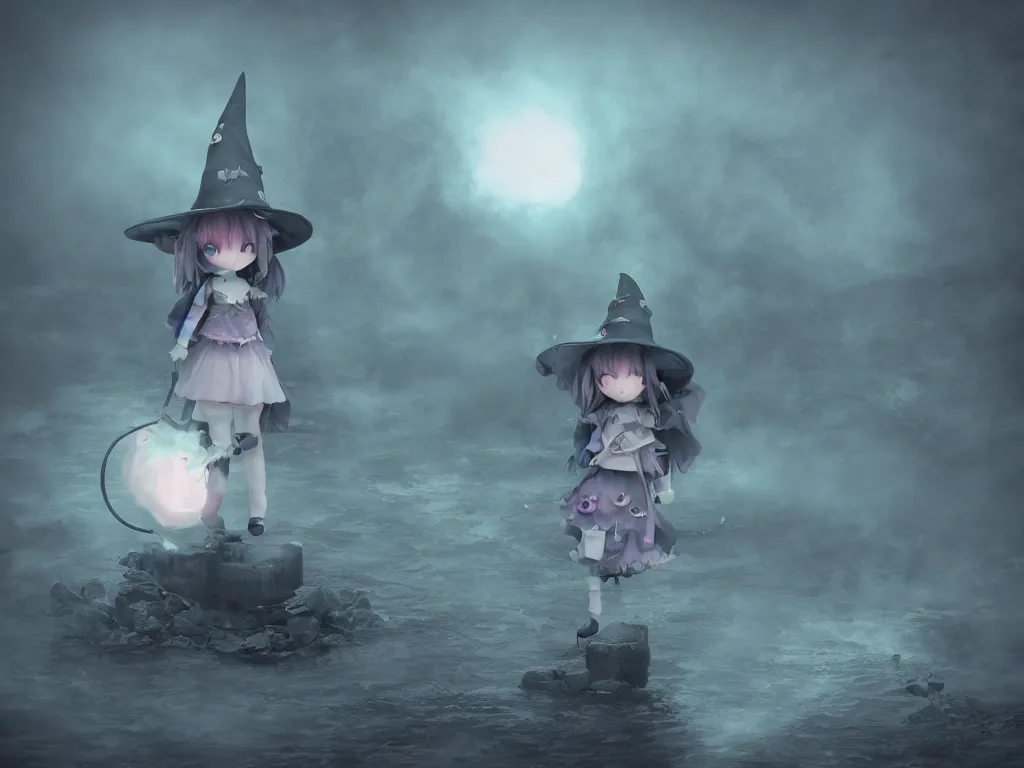 Image similar to cute fumo plush girl witch on a tiny island of concrete brutalist eldritch ruins surrounded by murky river water, dark cursed otherworldly chibi gothic horror wraith maiden, lost in the milky void, hazy heavy magical glowing swirling murky volumetric fog and smoke, moonglow, lens flare, vray