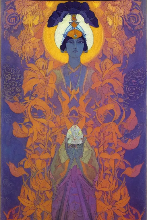 Image similar to queen of flowers, by Nicholas Roerich and Annie Swynnerton and Diego Rivera, dramatic cinematic lighting , ornate headdress , flowing robes, sacred artifacts, lost civilizations, smooth, sharp focus, extremely detailed