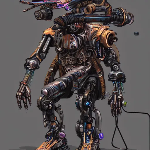 Prompt: cyberpunk back - alley prosthetic dealer, sketchy, scary abomination, demon robot, 8 k, highly detailed, photorealism