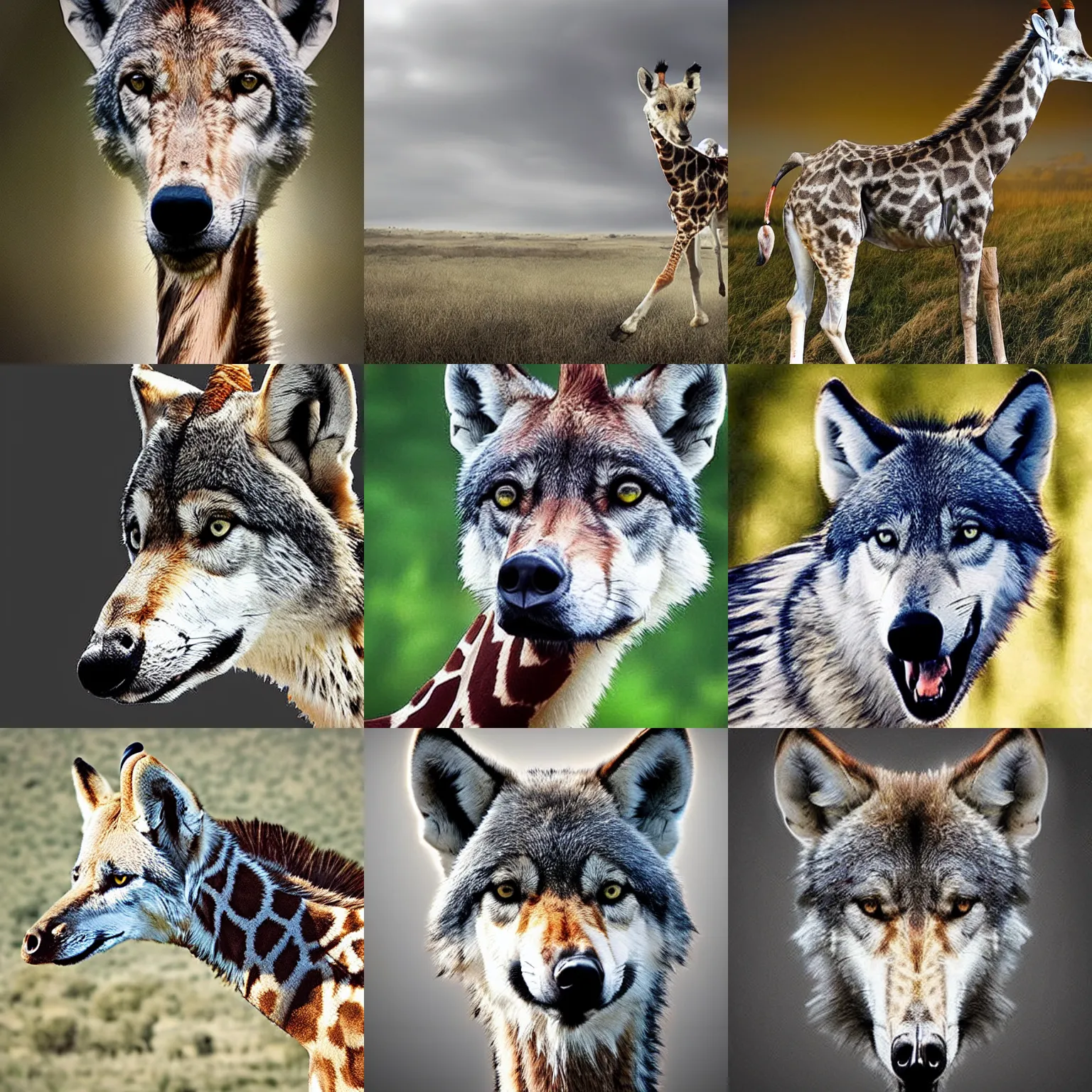 Prompt: a very unconvincingly bad photoshop photomanipulation of a gray wolf's head crudely cut and pasted onto a giraffe's neck, aliasing visible