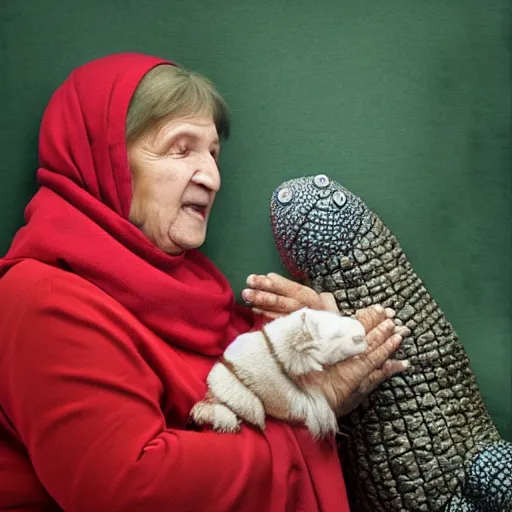 Prompt: portrait of a babushka with pet miniature Godzilla