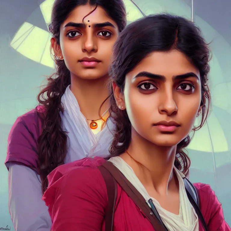 Image similar to Anxious pretty young Indian doctor in modern clothes waiting at the airport, portrait, sci-fi face, elegant, highly detailed, digital painting, artstation, concept art, smooth, sharp focus, illustration, art by artgerm and greg rutkowski and alphonse mucha