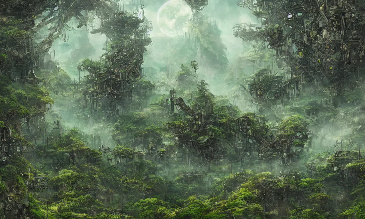 Prompt: green themed steampunk mechanical forest mountain landscape, meteor shower, epic, miyazaki style, cinematic, indie, highly detailed, featured on artstation, highly detailed, abstract