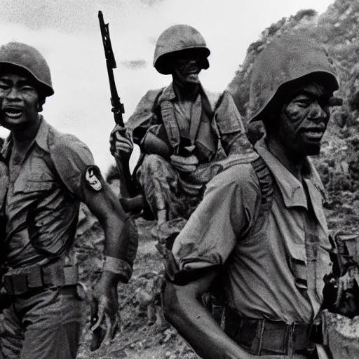 Prompt: dinosaurs in the vietnam war fighting alongside us soldiers in the vietnam war, black and white, eddie adams, david burnett, robert capa, al chang, niel davis, marc riboud