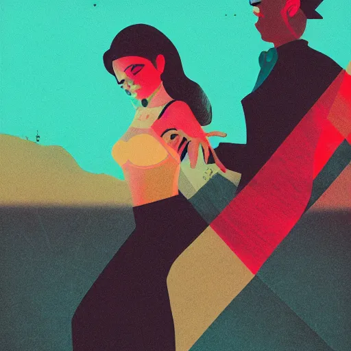 Image similar to a colorfully detailed comic noir illustration of tango dancers in a desert beach oasis by Sachin Teng, dark vibes, high contrast, pastel lighting, cinematic, depth of field, 8k