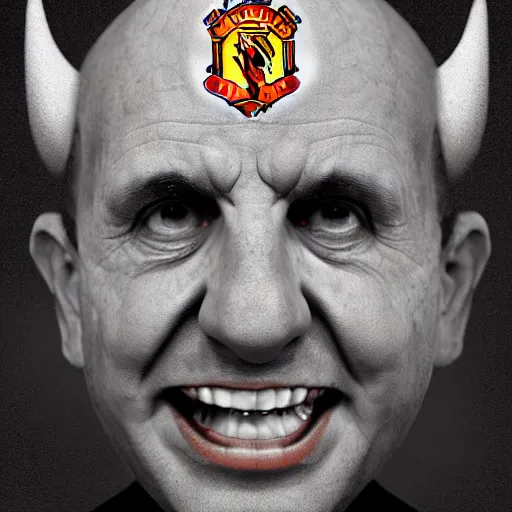 Image similar to avram glazer as the devil reincarnate, owner of manchester united football club, portrait, pure evil, devils horns, avram glazer, satan, hell, 8 k, hyperrealism, symmetry, cinematic lighting - h 1 0 2 4