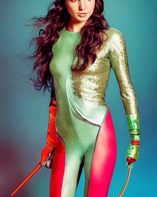 Prompt: Gal Gadot as Colonel Wilma Deering from Buck Rogers in the 25th Century, dressed in a form fitting glittery bright cyan colored spandex jumpsuit, she is gorgeous with long beautiful hair, but a stern look about her, photographed in the style of Mario Testino, Studio Lighting