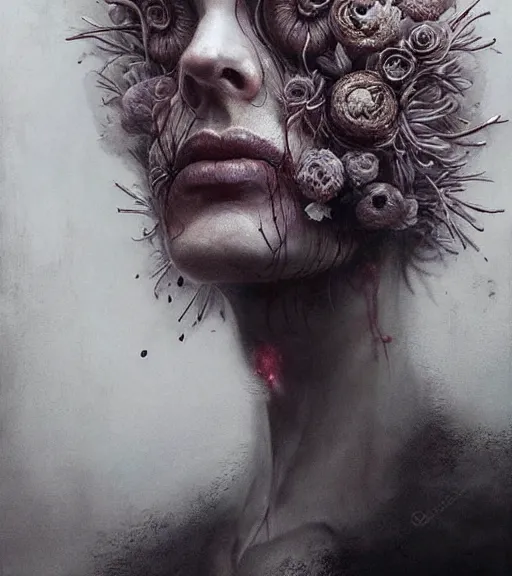 Prompt: portrait, beautiful madness, flowers by wayne barlowe, eric lacombe, henrik aa. uldalen, toru kamei, artgerm and greg rutkowski, itsuko azuma, soft textur, hyper realistic, extremely detailed mysterious, aesthetic!!! hyper detailed