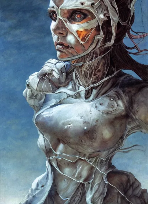 Image similar to portrait of a diabolical marble cyborg girl, ancient, wearing torn white cape, dynamic pose, thunder, glowing eyes, post apocalyptic ancient ruins, glowing veins subsurface scattering, in clouds, sunset, portrait, by gerald brom, by mikhail vrubel, by peter elson, muted colors, extreme detail, trending on artstation, 8 k