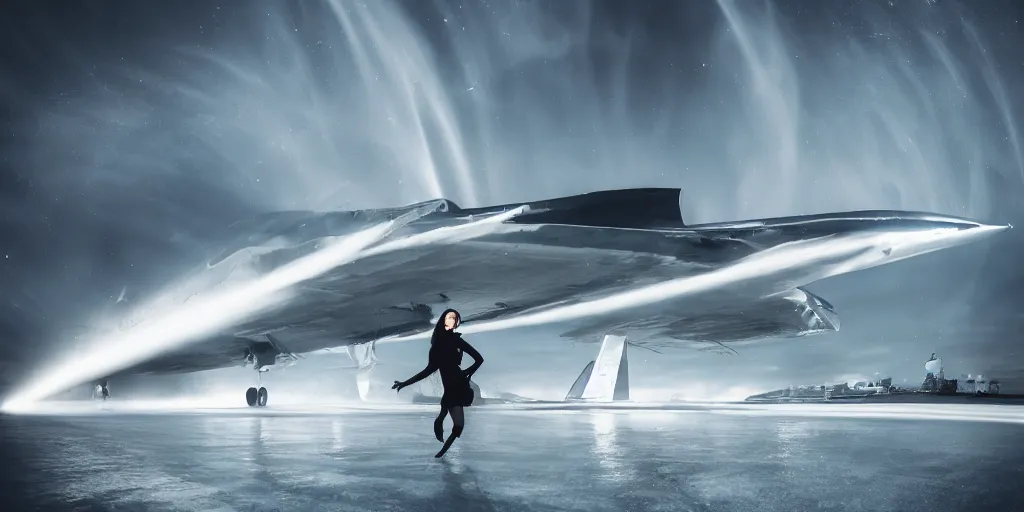 Image similar to burning concorde airplane in the background, fisheye slow motion with trail effect of futuristic beautiful female break dancer wearing long dark cloak, long exposure shot , enigmatic, at night in the middle of the arctic, paddle of water, steam, fog, water splashes, rim lights, glossy reflections, water on lens, octane render, Volumetric dynamic lighting, stunning cover magazine, high details,