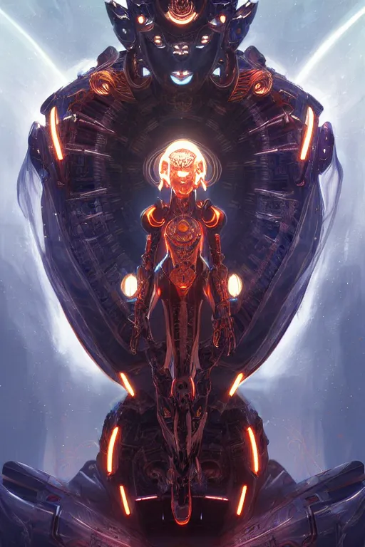 Image similar to asura from chinese myth, ghost, mecha, symmetrical. sci - fi, tech wear, glowing lights, intricate, elegant, highly detailed, digital painting, highly detailed, digital painting, artstation, concept art, smooth, sharp focus, illustration, art by artgerm and greg rutkowski and alphonse mucha