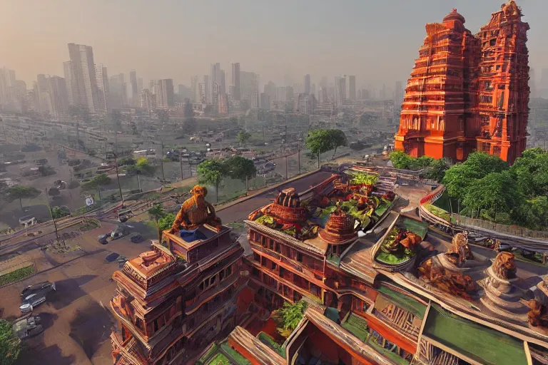 Image similar to high quality 3 d dreamscape! mumbai with biomorphic hanuman!! head building, kalighat, unreal engine hyperrealistic cinematic smooth, stephen shore & john j. park, soft morning light, wide shot, high angle, uhd 8 k, deep focus