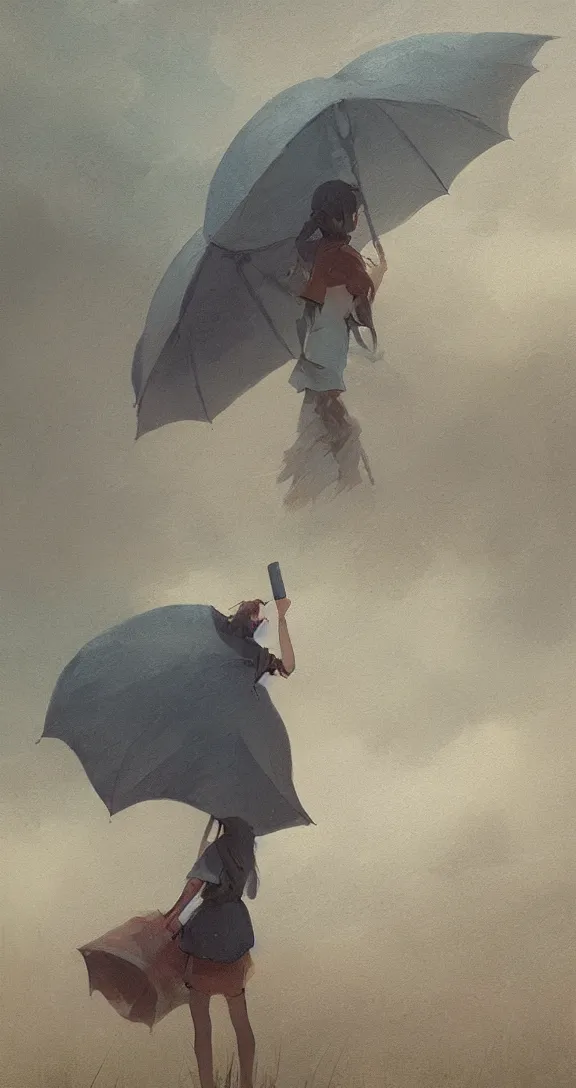 Image similar to Holding an umbrella in a thunderstorm in the prairie, pretty, by Studio Ghibli and Greg Rutkowski, artstation