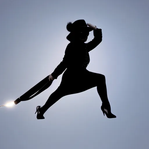 Prompt: yoko ono flying on a broomstick, lighting in the skies, 4k