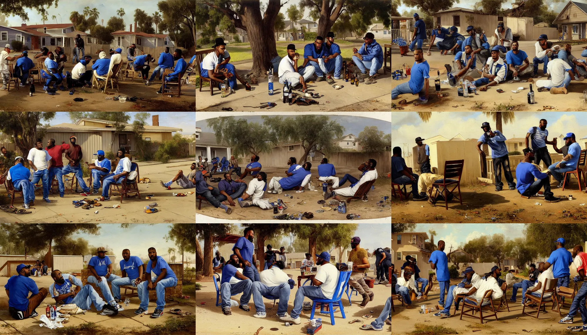 Prompt: a painting of los angeles crip gang members. one of them is pouring malt liquor on the ground in honor of a dead fried before he drinks. they are sitting in chairs on the front porch of a home in compton california. the view is closeup, as if the viewer is sitting with them. westside, midday, in the style of andreas achenbach