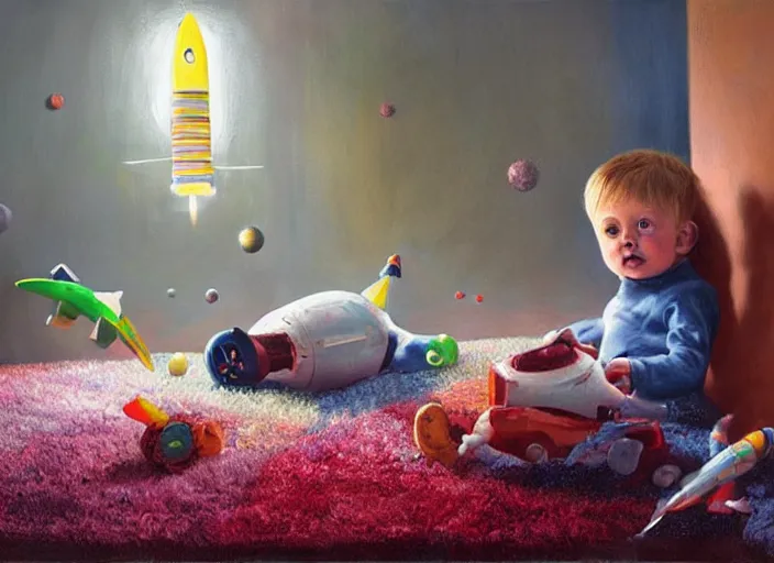 Image similar to toddler elon musk lying on a shaggy rug playing with his space rockets, realistic oil painting, beautiful soft lighting, istvan sandorfi