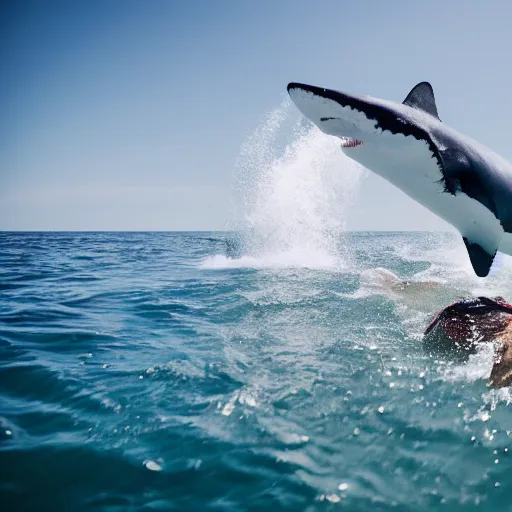 Image similar to elderly man swimming with a great white shark, smiling, happy, underwater, shark, great white, crystal clear water, adventure, canon eos r 3, f / 1. 4, iso 2 0 0, 1 / 1 6 0 s, 8 k, raw, unedited, symmetrical balance, wide angle