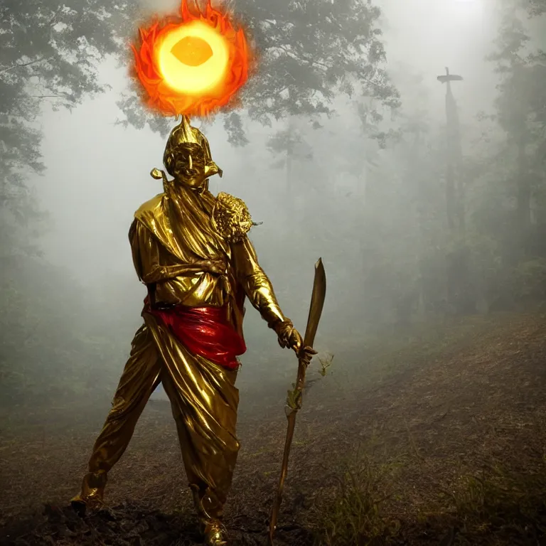 Image similar to golden man holding a sword obsidian sword sword on fire (Foggy forest backdrop) (red crescent moon) (white fog)