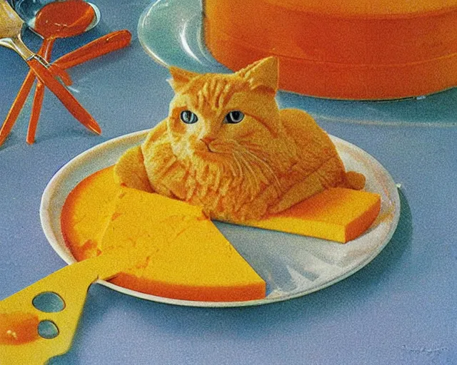 Image similar to 1970's cookbook color photograph of cheddar cheese cat sharp detail high detail