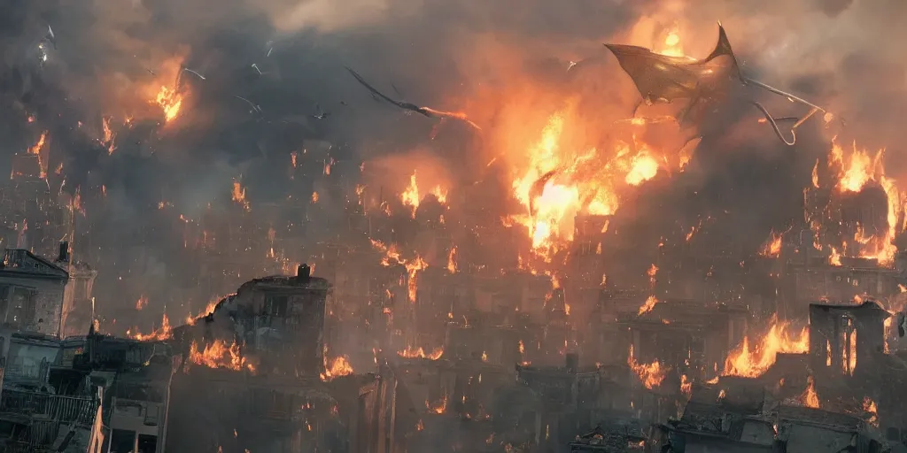 Prompt: movie frame still from live action horde of pteranodon attacking the city, burning houses, black smoke, 8 k ultra wide angle zenith view greg rutkowski kim jung gi