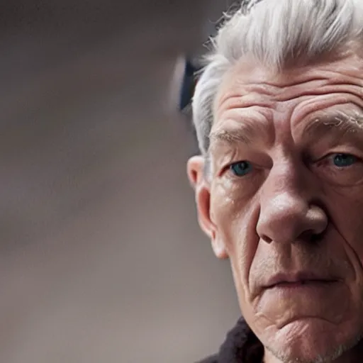 Prompt: film still of ian mckellen playing saitama