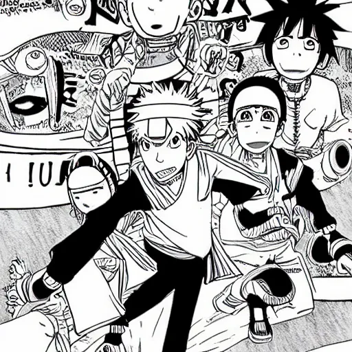 Image similar to “Friday” graphic novel illustrated by Kishimoto published on Shonen Jump 1996 black and white pen and ink highly detailed