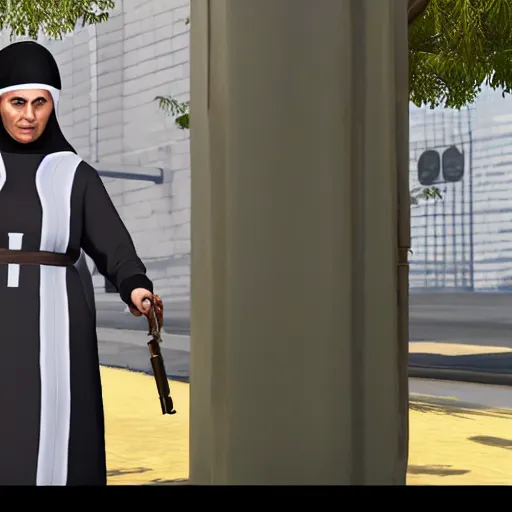 Image similar to catholic nun as a game character in gta 5, game graphics, game screenshot