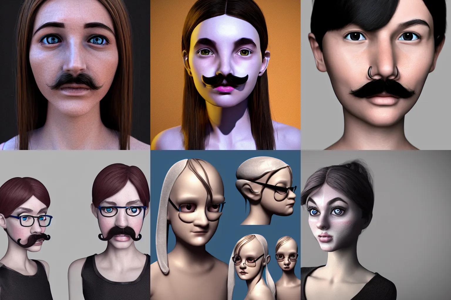 Prompt: girl 3d [ three eyes, a nose, a mustache ] style hyperrealistic octane render