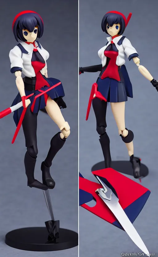 Image similar to toy design, action figure of ryuko from kill la kill, short hair, hair down, 2 0 2 2 anime style, figma figure, collection product, cosplay photo, big red scissors, dark blue school uniform, inspired by good smile company, 1 2 0 mm, photo taken by professional photographer, trending on facebook, anime character anatomy, high resolution