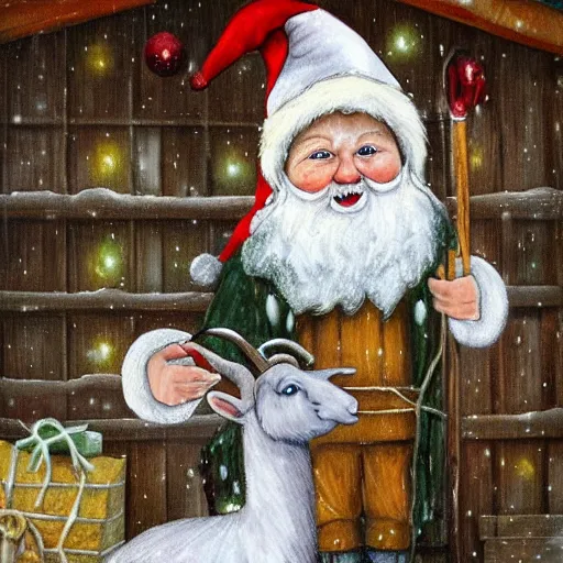 Image similar to painting of scandinavian gnome in barn with white goat, winter clothes, very very very very very beautiful christmas art, masterpiece by jenny nyström, realistic and detailed
