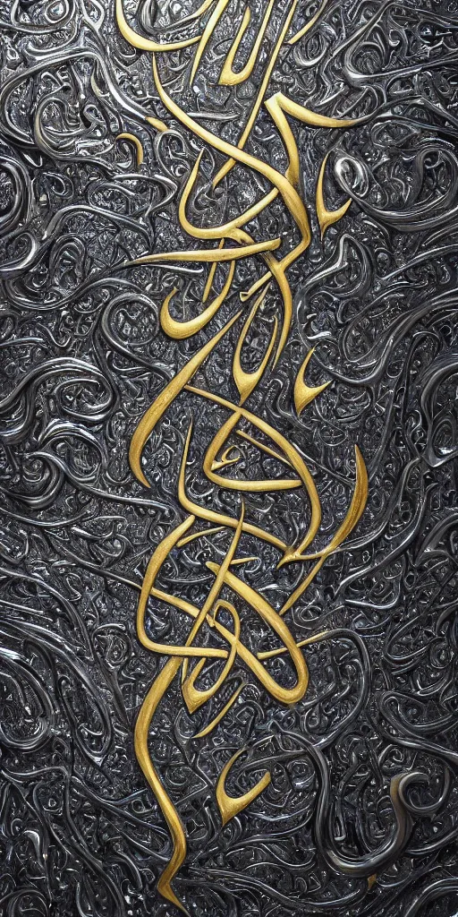 Prompt: a photorealistic render of a 3 d liquid sculpture of arabic calligraphy, made of liquid metal and marble, c 4 d, by zhelong xu, gakkin and ernst haeckel, hyper realistic, plain background, 8 k, volumetric lightning, trending on artstation