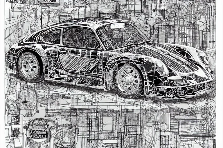 Image similar to a black and white drawing of a porsche 9 5 9 deconstructed schematic, a detailed mixed media collage by hiroki tsukuda and eduardo paolozzi and moebius, intricate linework, sketchbook psychedelic doodle comic drawing, geometric, street art, polycount, deconstructivism, matte drawing, academic art, constructivism