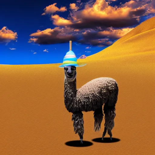 Image similar to a digital art picture of a child riding a llama with a bell on its tail through a desert