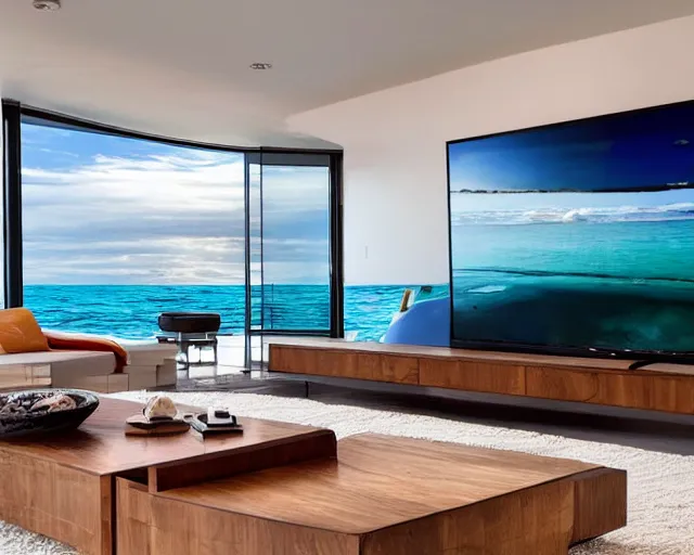 Image similar to A modern living room inspired by the ocean, a luxurious wooden coffee table with large seashells on it, 100 inch television, amazing detail, 8k resolution, blue color, calm, relaxed style, harmony, wide angle shot