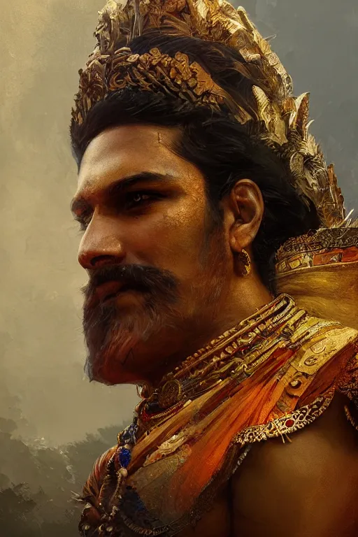 Image similar to indian god, close - up portrait, powerfull, intricate, elegant, volumetric lighting, scenery, digital painting, highly detailed, artstation, sharp focus, illustration, concept art, ruan jia, steve mccurry