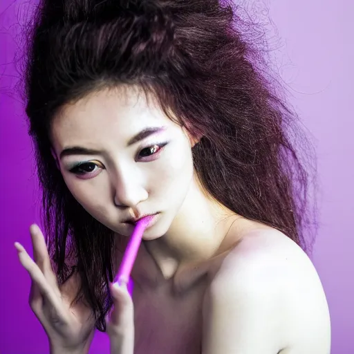 Prompt: photo of slim girl, 2 0 yo, close - up, high detail, studio, smoke, sharp, pink violet light, studio, 8 5 mm sigma art lens