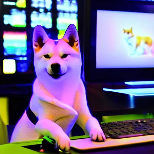 Image similar to shiba inu wearing a gaming headset, playing on computer with screen glowing on face, digital art