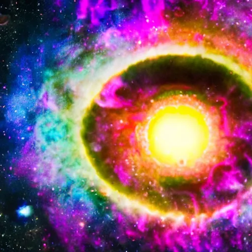 Image similar to Extreme close up on an eyeball and inside the eyball there is a colorful nebula with a human fetus floating in the center