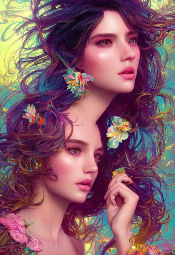 Image similar to beautiful, young woman, detailed gorgeous face, vaporwave aesthetic, synthwave, colorful, psychedelic, artstation, concept art, smooth, extremely sharp detail, finely tuned detail, ultra high definition, 8 k, unreal engine 5, ultra sharp focus, illustration, art by artgerm and greg rutkowski and alphonse mucha