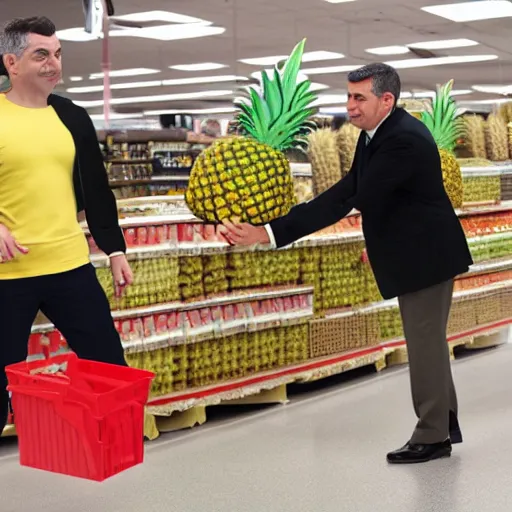 Image similar to rowan atkinson stealing a pineapple from target, realistic photo, uhd