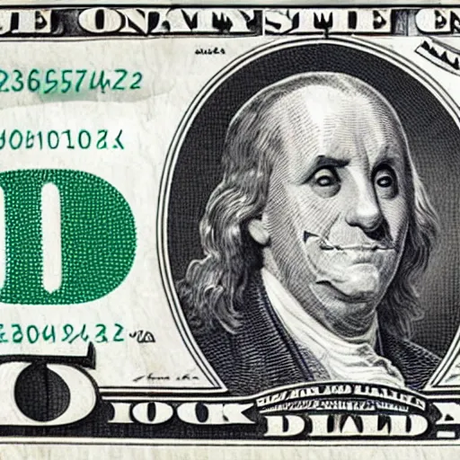 Prompt: A dollar banknote with a clown face printed on it
