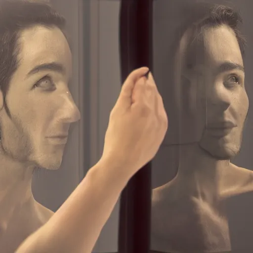 Image similar to human holograph looking to his refelection in mirror