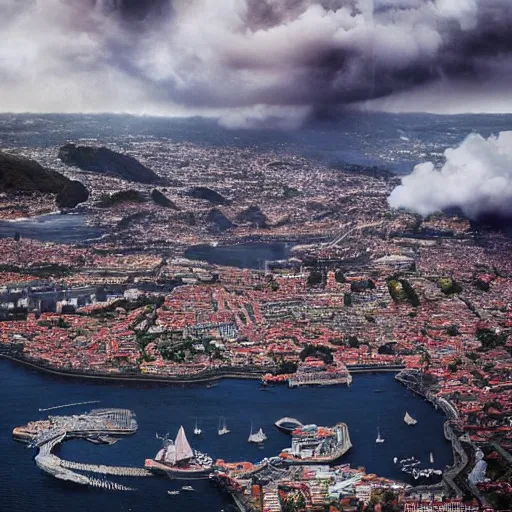 Prompt: king kong destroying funchal's city bay near the streets view from below under the clouds, trampled, by caio fantinim, trending on artstation, award winning, 3 d render