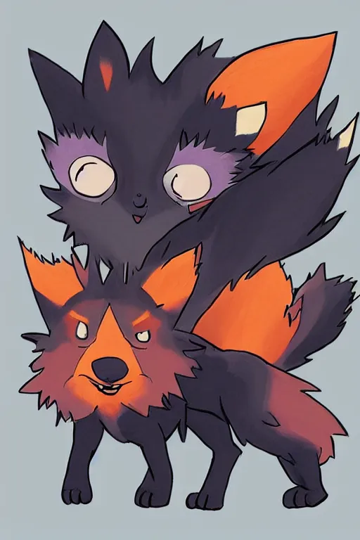 Image similar to zorua pokemon, stylised fox - like appearance, black and auburn colour pallet, thick furry neck and chest fluff, stylised paintbrush end with ink on top of head as hair, pokemon concept art multiple angles, super detailed, clean lines, digital art