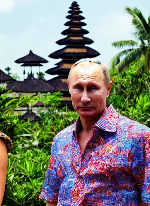 Prompt: vladimir putin wearing batik bali in bali. temple background. front view. instagram holiday photo shoot, perfect faces, corrected faces, 5 5 mm, award winning photography