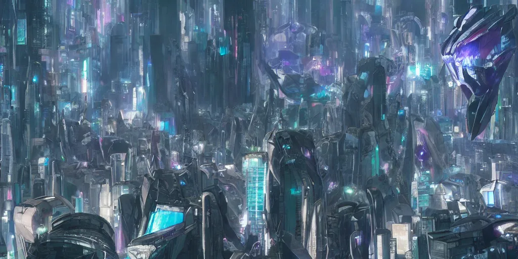 Prompt: towering ruins of alien megastructures, hidden crystal prisms underground, screenshot from the award-winning science fiction anime, from the anime film ghost in the shell, trending on artstation